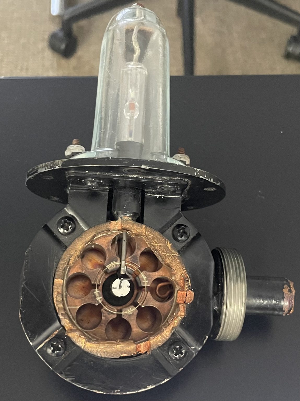 A magnetron, for reference. The coaxial output is to the right, and the glass bulb on top is a vacuum tube for control.